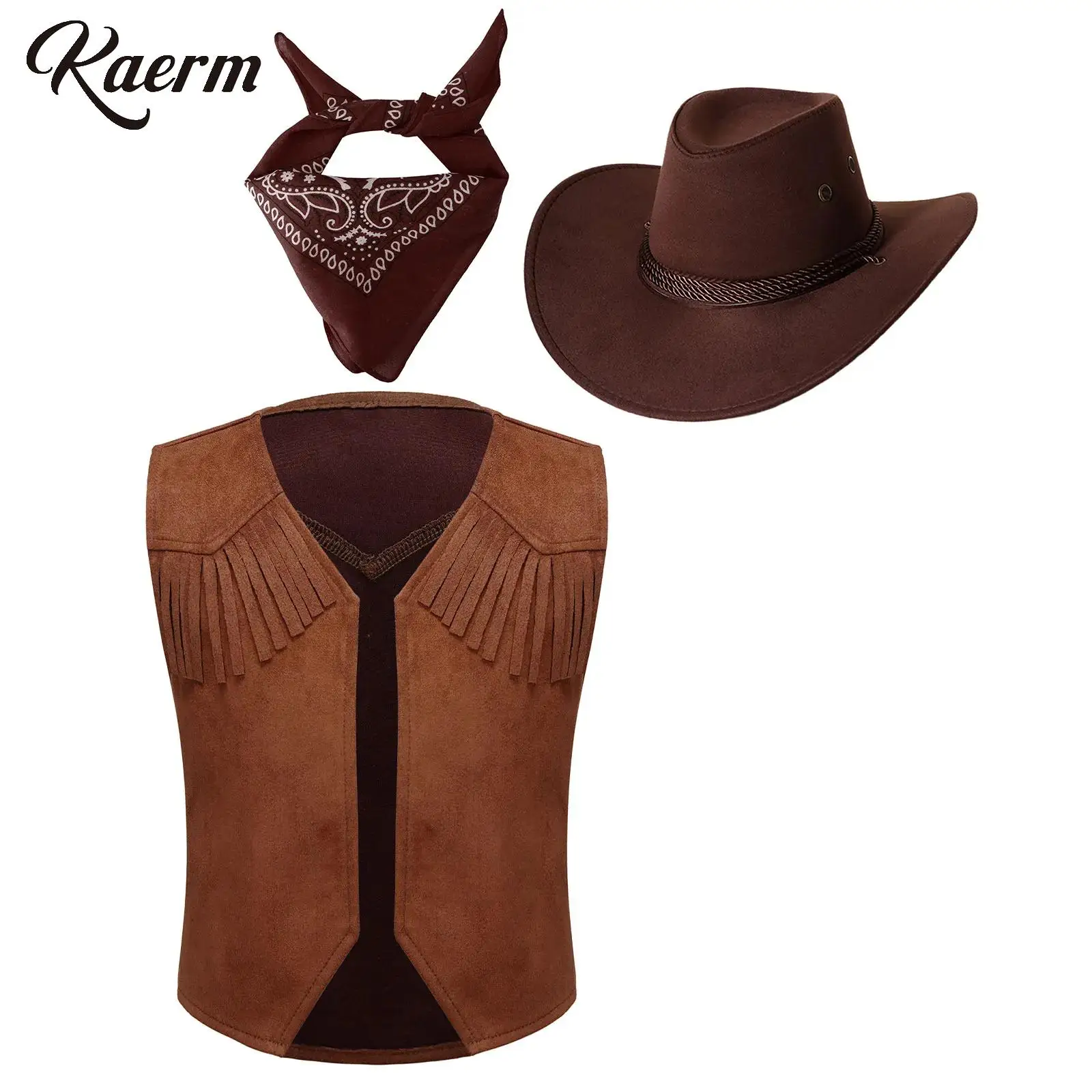 

3Pcs Cowboy Cowgirl Cow Printed Fringe Vest with Paisley Bandanna and Hat for Halloween Carnival Dress Up Performance Costume