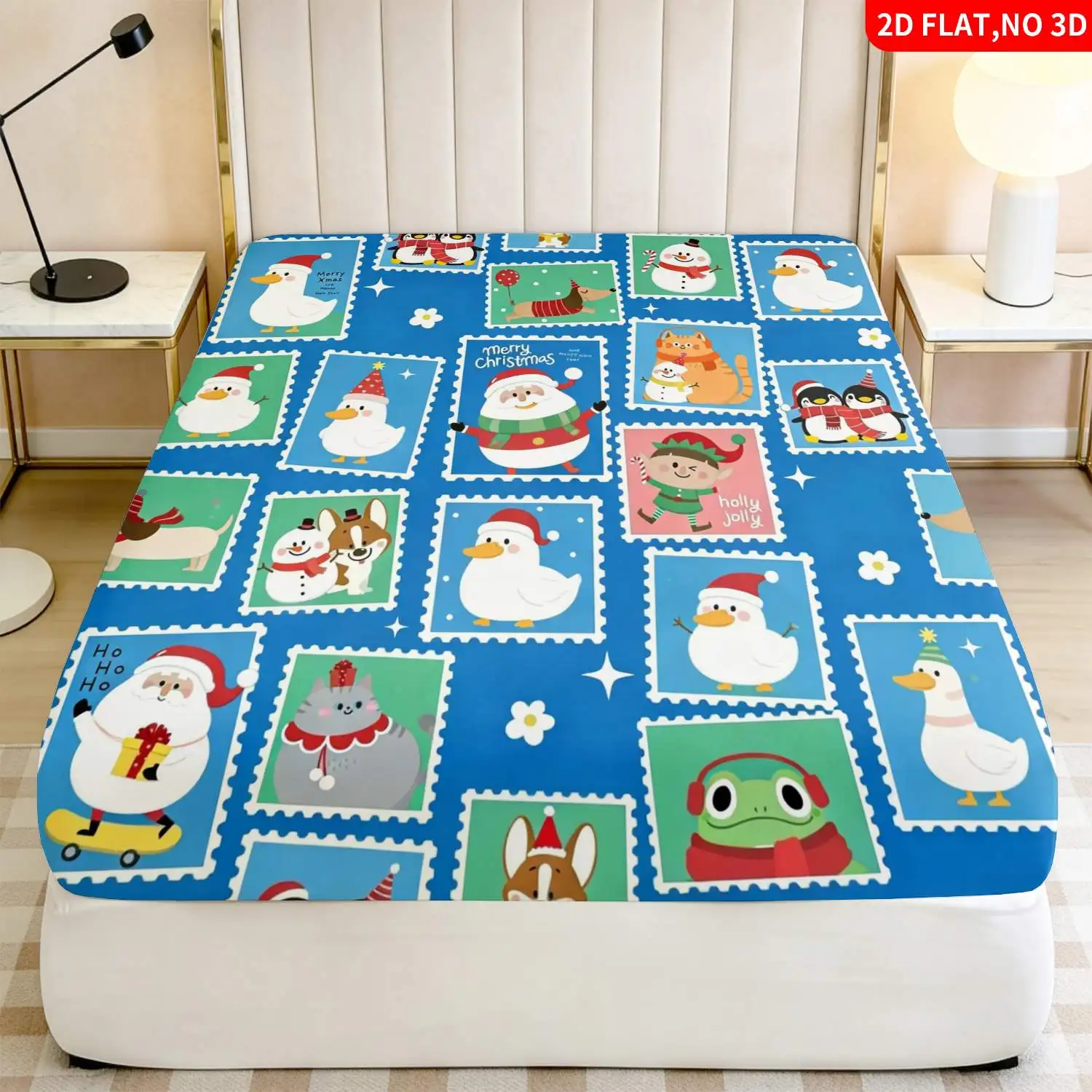 Christmas Animal Stamp Pattern Blue Bedding Set, Mattress Protector, Breathable Polyester Material (Includes 1 Fitted Sheet + 2 Pillowcases), Fitted Sheet Style, Protective Cover, Fitted Sheet Type, Mattress Protector, Fitted Sheet Bedding, Christmas Themed Bedding, Baby Bedding, Suitable for Nursery