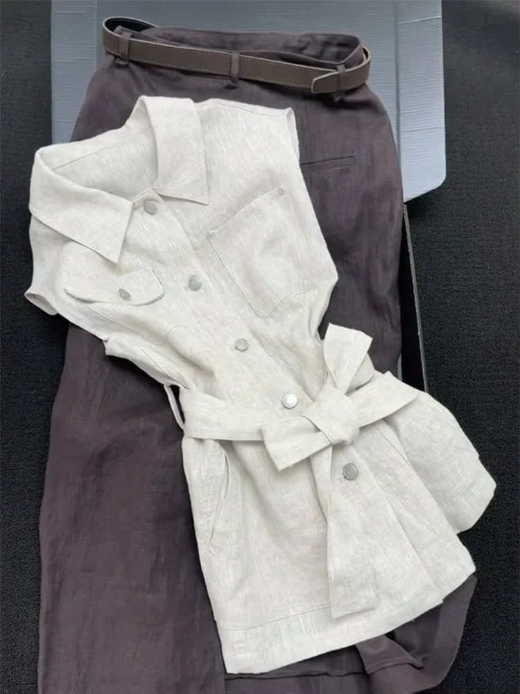 Zomer Vrouwtjes Casual Kraag Vesten Single Breasted Mode Riem Mouwloos Zakwerk Dame Dagelijks Dunne Tops 2023 Nieuw