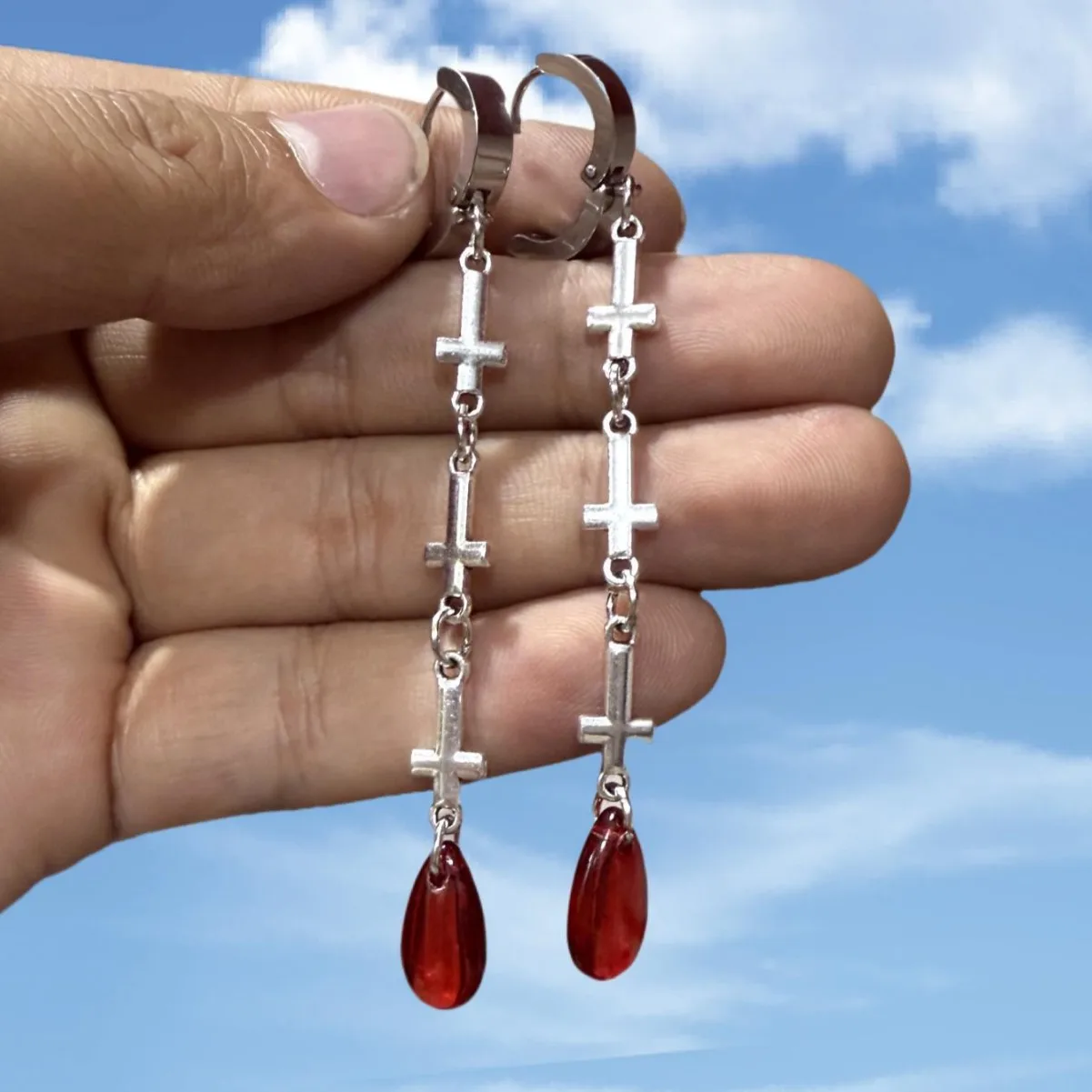 Gothic Vampire Cross Earrings For Women Girls Blood Drop Pendant Ear Hoops Vintage Red Crystal Witchcraft Jewelry Gifts