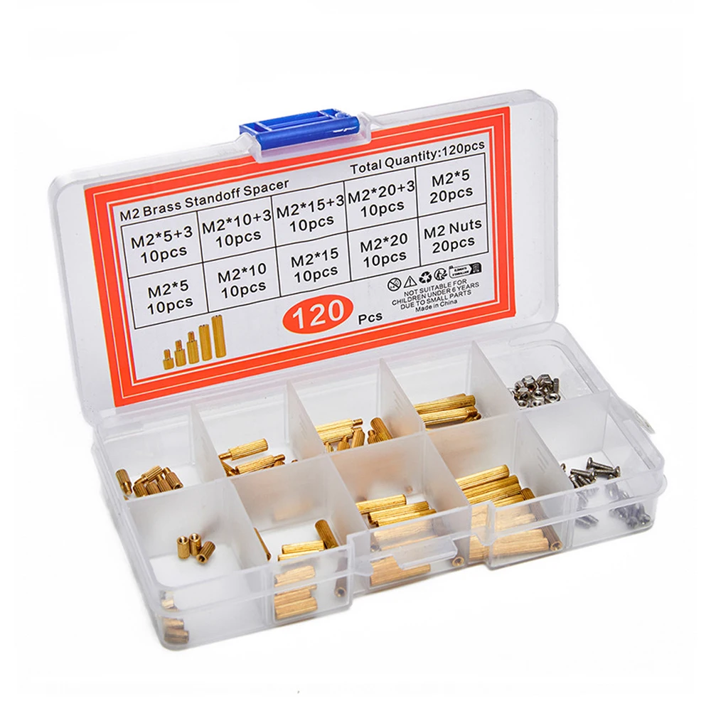 120PCS M2 Knurled Brass Standoff Kit Male Female Copper Isolation Column M2 Screws Nuts Assorted Hardware Spacers for PCB Board