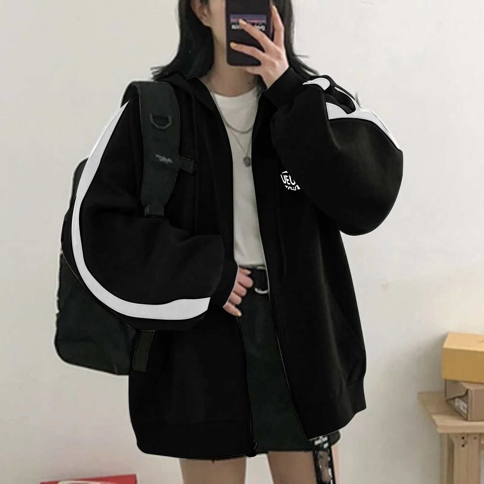 Harajuku Women Sweatshirts Korean Version Oversized Solid Zip Up Hoodies Jacket Retro Long Sleeve Fleece Hooded Sweatshirt Coats