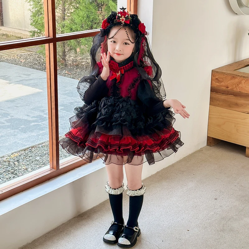 

Ins Handmade Girls Halloween Lolita Cos Costume Dress Set Girls Wedding Party Boutique Sweet Dress