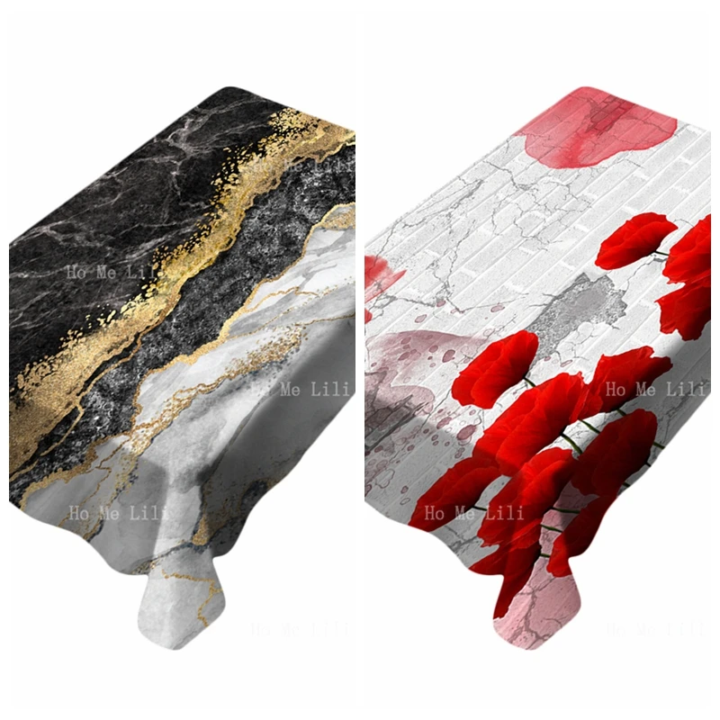 Black White And Gold Marble Pattern Red Poppies Bricks Abstract Art Modern Flower Gray Decorations Tablecloth By Ho Me Lili