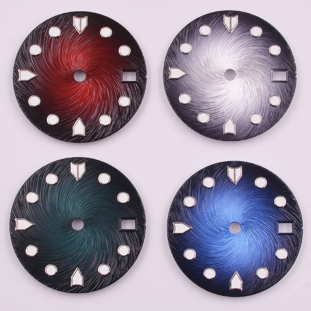 28,5 mm grün leuchtendes grünes/weißes/blaues/rotes steriles Zifferblatt, passend für NH35 NH36 Uhrwerksteile, passend für 3-Uhr-Krone, 3,8-Uhr-Krone