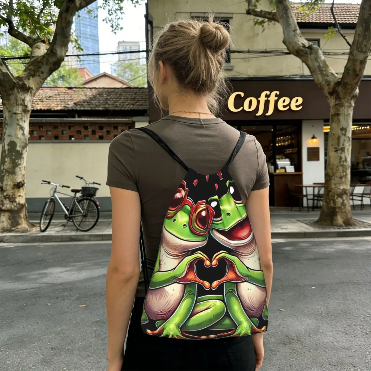 Cute Frog With Love Heart Cartoon Backpacks Fashion Drawstring Bags Sports Bag Book Bags for Travel Students
