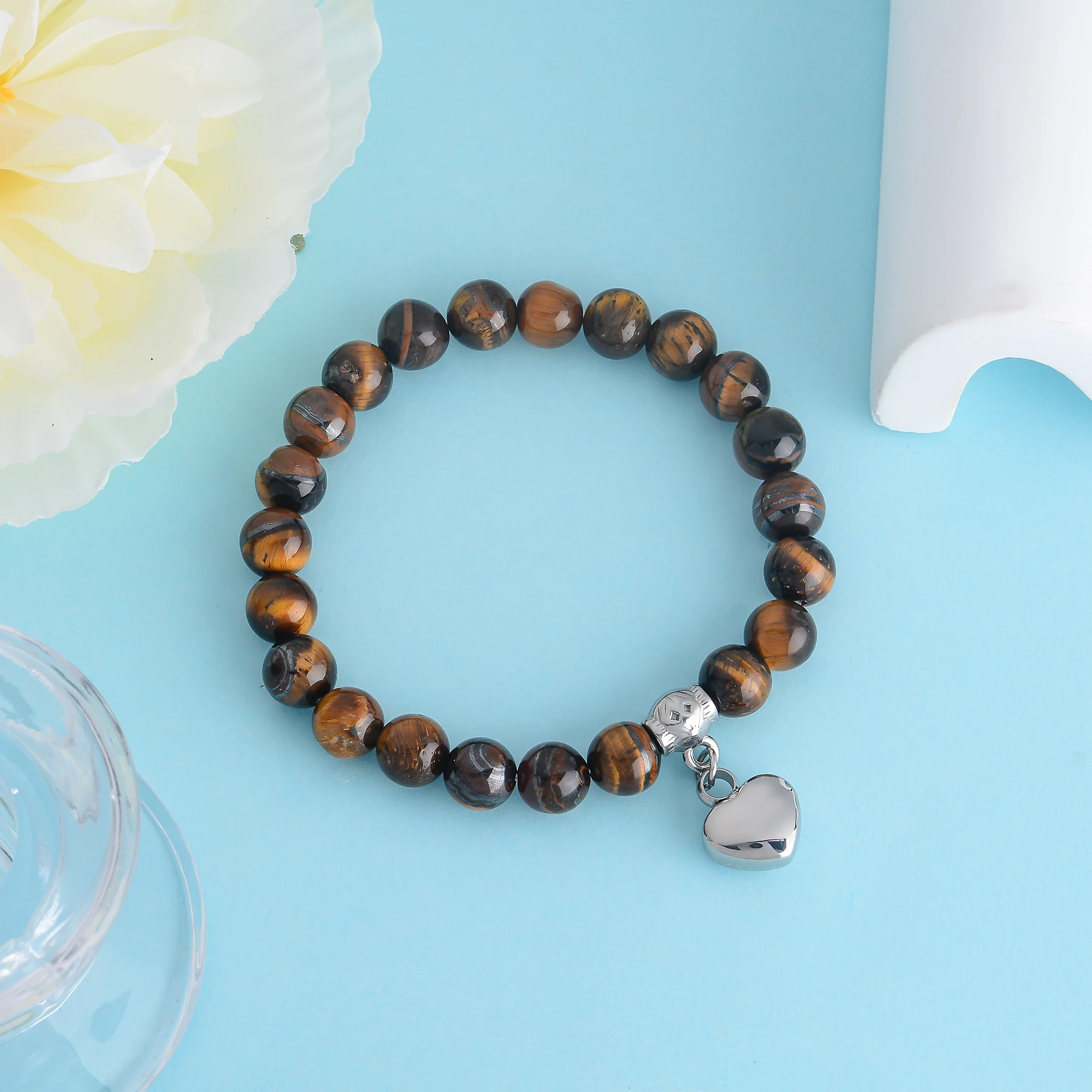 Herzförmiges Urnen-Armband aus Edelstahl mit türkisfarbenen Perlen, dehnbares Armband für Asche, Geschenk für Frauen – Detail 9