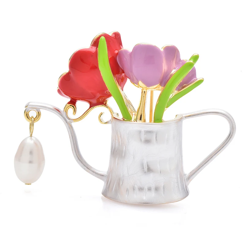 Wuli&baby Beauty Flower Watering Pot Brooches For Women Unisex High Quality Enamel Pearl Kettle Party Casual Brooch Pins Gifts