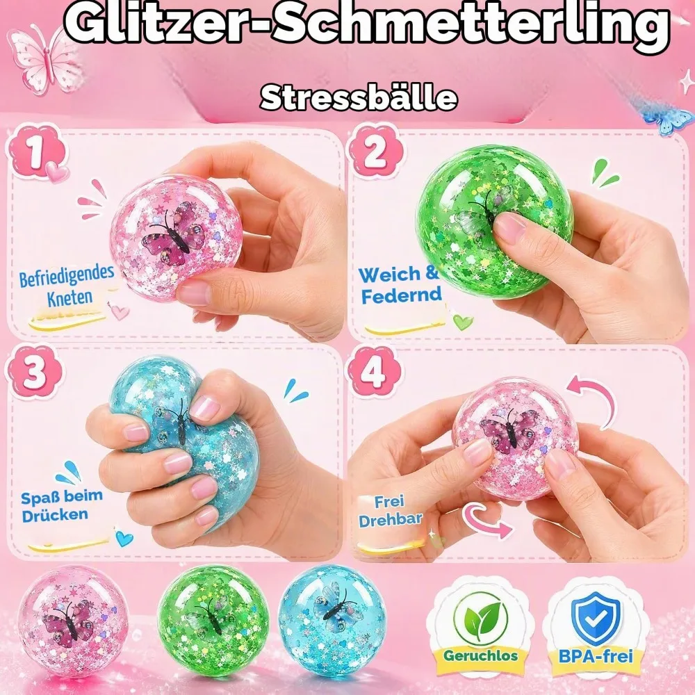 3PCS Squishy Stress Balls for Adults 6cm Butterfly Sequin Slow Rising Fidget Toys Anti Stress Squeeze Balls