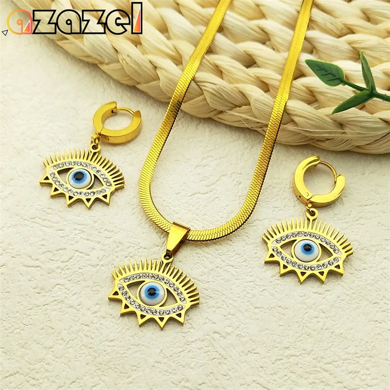 

Devil Eye Rhinestone Pendant Magic Jewelry Set Women Men Stainless Steel Gold Color Vintage Blue Evil Eye Necklace Earring Gift