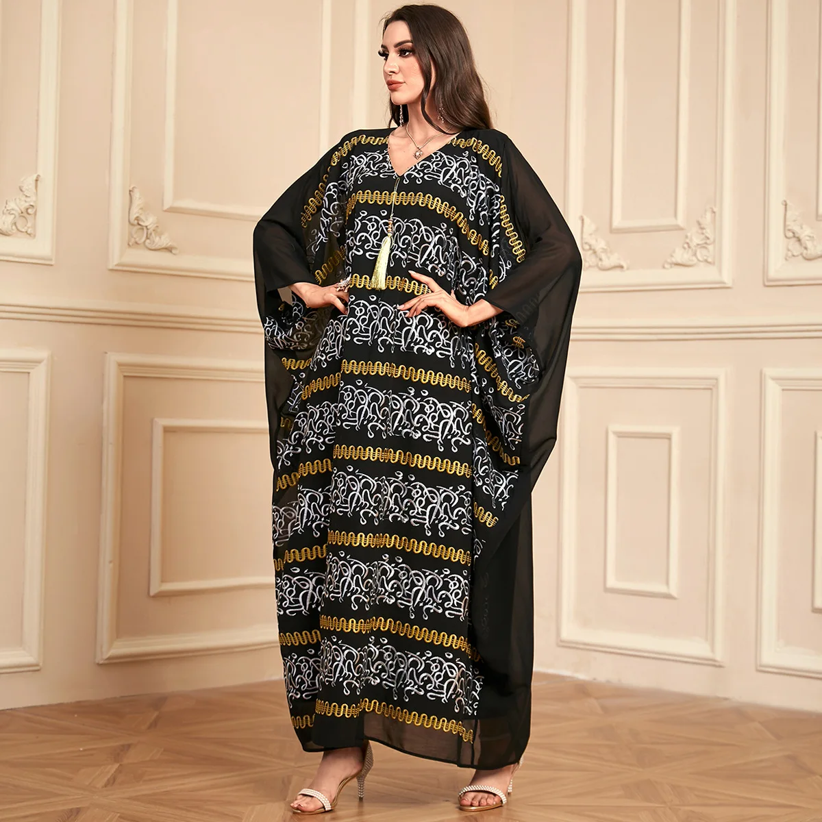 Robe musulmane brodée à pampilles pour femmes, Abayas du Ramadan, Djellaba de l'Aïd, Manches chauve-souris, Kaftan de Turquie, Robe arabe, Caftan marocain