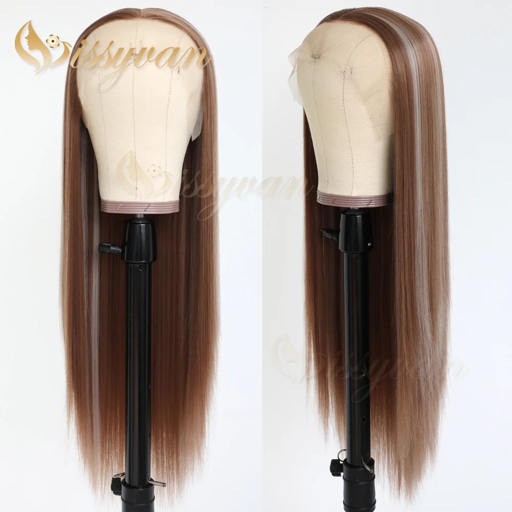 

Missyvan Light Brown Highlights hair Long Straight Wig Glueless Heat Resistant Synthetic Lace Front Wigs for Black Women