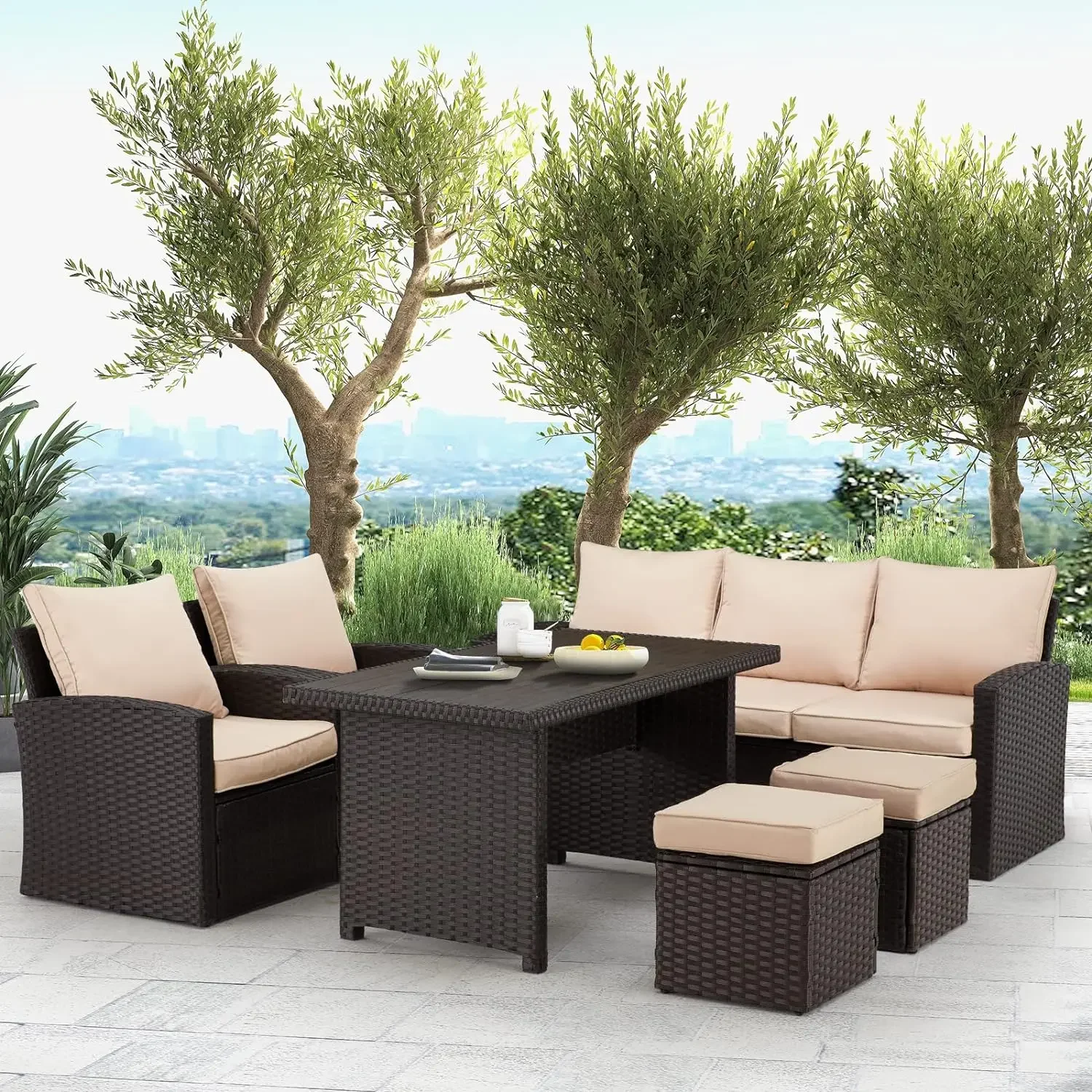 

6 Pieces Patio Furniture Sets Clearance, Patio Dining Sofa Set Outdoor Sectional Sofa Conversation Set All Weather Wicker Rattan