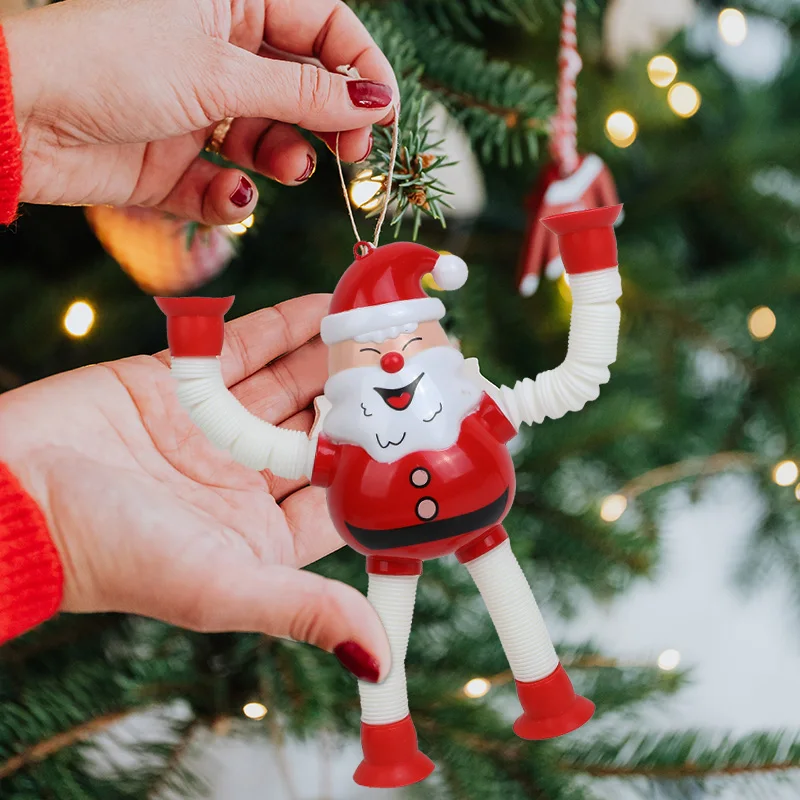 4Pcs Flexible Christmas Hanging Ornaments Set Santa Claus Elk Extendable Suction Cup Toy New Year Kids Gift Home Decoration