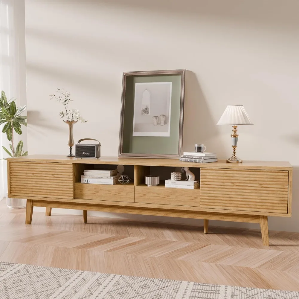 

70" TV Console, Mid Century Modern Media Console for 55/65/75 Inch TV, Low Profile TV Stand with Fluted Sliding Doors, Boho Ligh