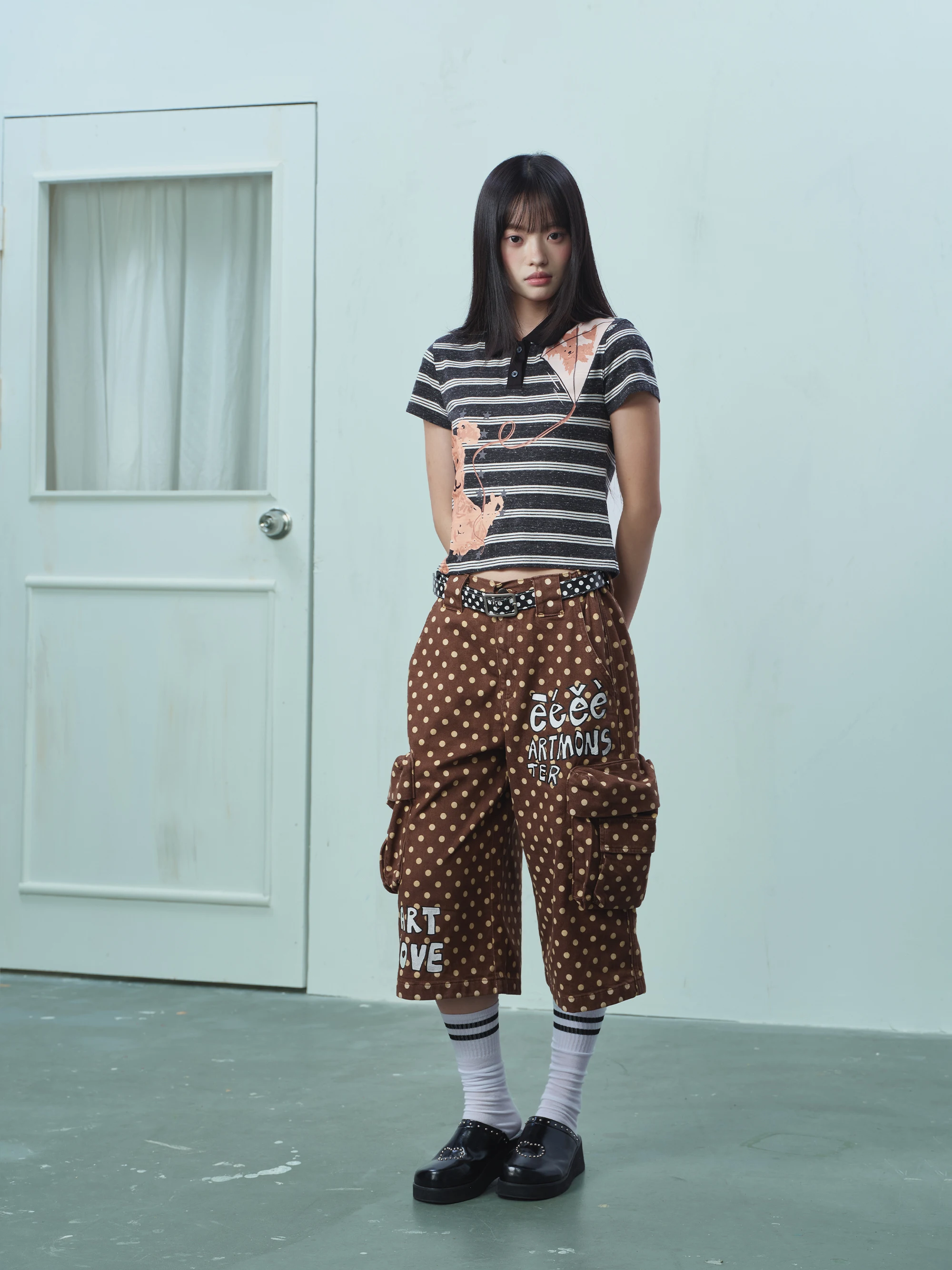 Doodle Style Polka Dot Straight Leg Shorts Letter Print Pocket Workwear Seven Inch Pants Cotton Polyester Blend Summer Shorts