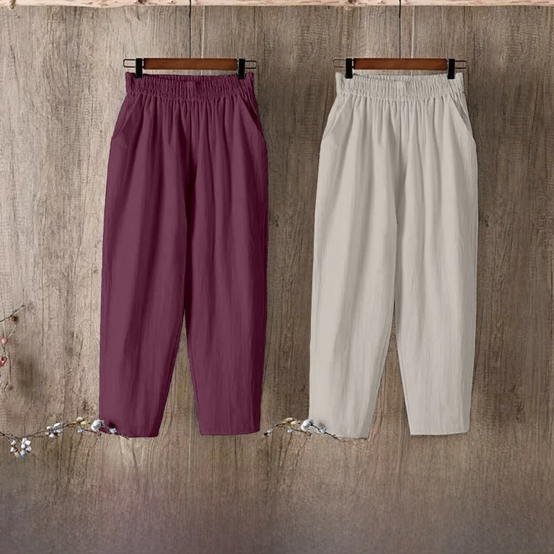 Summer Cotton Linen Casual Pants Women's High Waist Nine Point Thin Harlan Loose Fit Pants Pocket Detail Multi-Functional