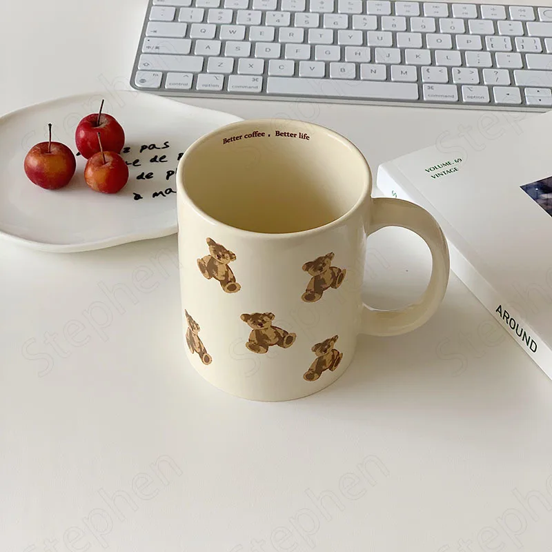 Korean Modern Ins Mugs Coffee Cups Solid Color Cartoon Teddy Bear Ceramic Bread Milk Cup Coffee Table Desktop Drinking Utensils