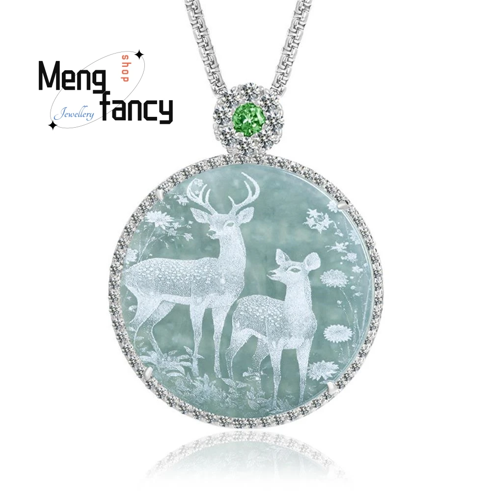 

Natural Jadeite Blue Water Shadow Carving Deer Brand All The Way You Copper Inlaid Ice Jade Pendant Couple Fashion Fine Jewelry