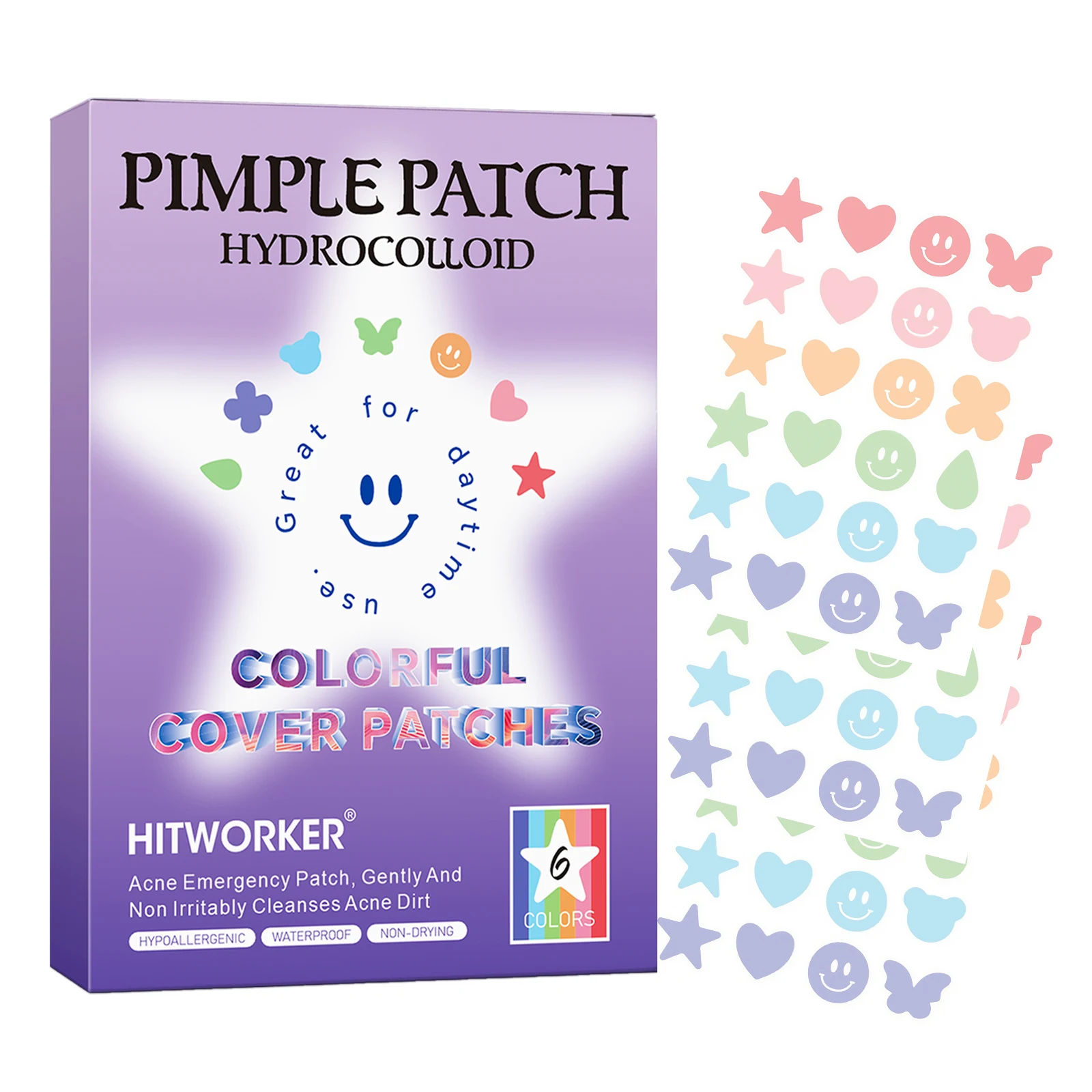 72PCS Colorful Hydrocolloid Pimple Patches for Face, Cute Mixed Shape Blemish Cover Stickers, Facial Spot Patches