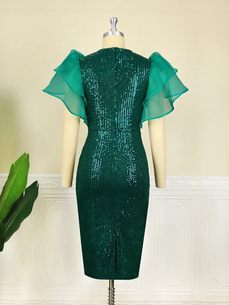 Vintage Women Green Sequin Dress Plus Size Flutter Sleeve Glitter Midi Bodycon Dresses Summer Party Celebrity Gowns 3XL 4XL