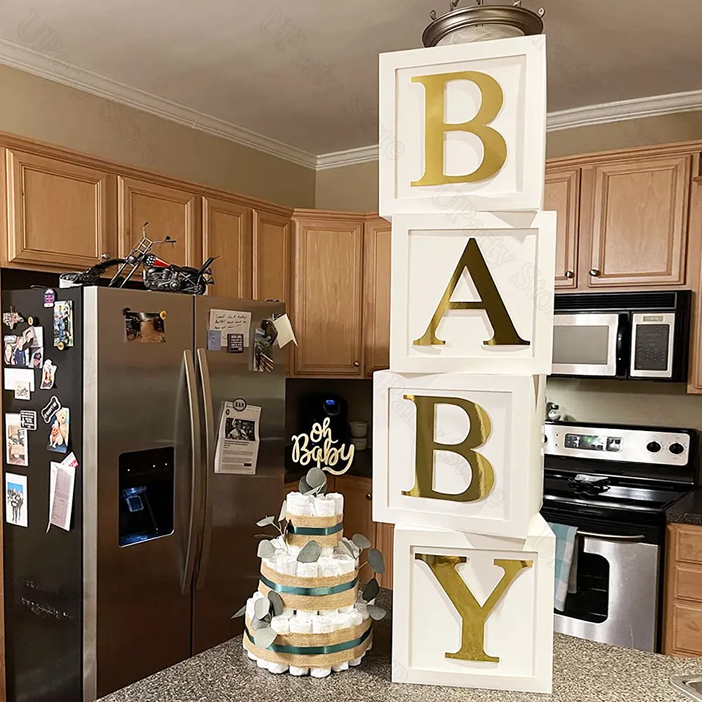 BABY Blocks Boxes for Baby Shower Decorations 30x30cm Gold letters White BABY  Boxes for Baptism Birthday Gender Reveal Decor