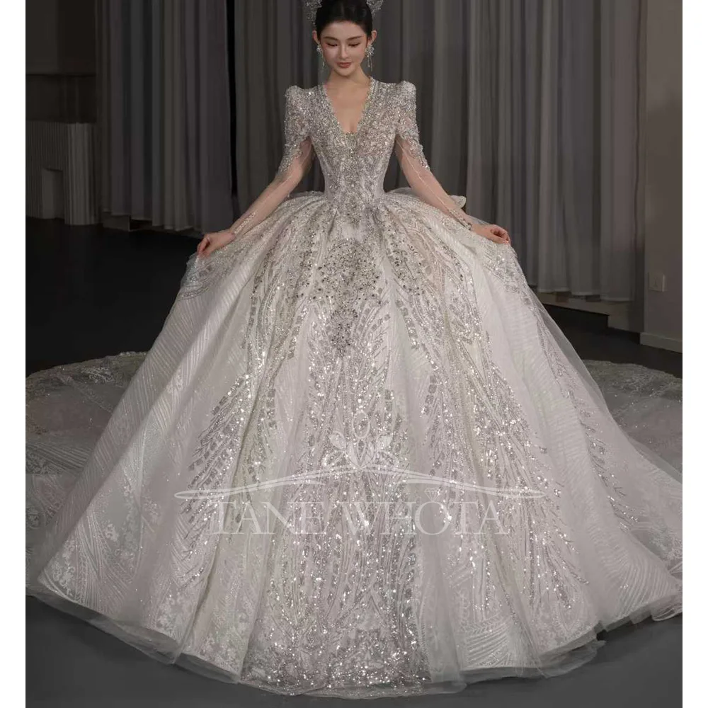 V-Neck Long Sleeve Wedding Dress Lace Up Beaded Sequined Ball Gown Customized Elegant Vestidos De Boda