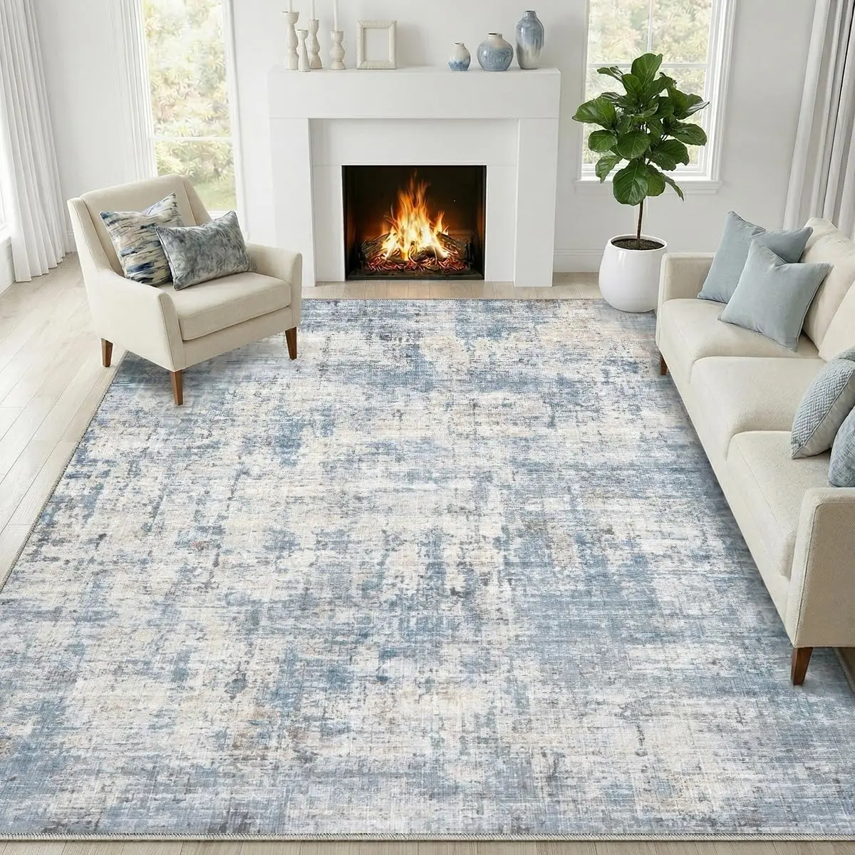 

8x10 Washable Area Rug - Non-Slip, Soft, Stain Resistant for Living Room, Bedroom, Dining Room, Coastal Decor, Blue