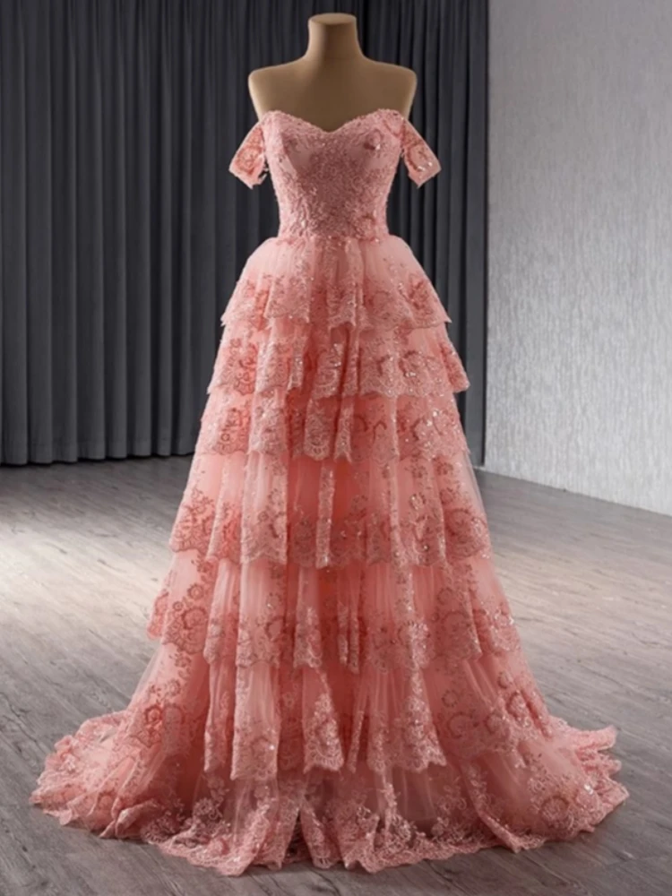 Vestido de princesa mexicana con hombros descubiertos para mujer, falda larga escalonada de encaje, ropa Formal para ocasiones nocturnas, 2025