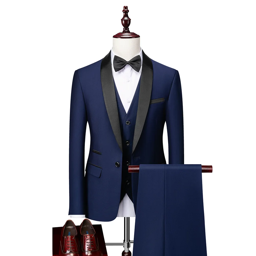KIDWHXR Man 3-piece Set British Style Contrast Color Single-breasted Men Outfit Long Sleeve Pocket Slim Wedding Groom Suits