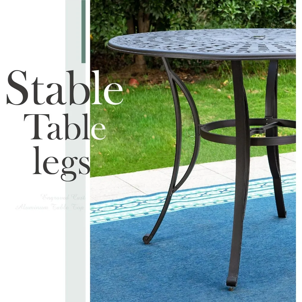 

Литой алюминиевый обеденный стол диаметром 54 дюйма с высоким стержнем, уличная мебель для патио, круглая верхняя часть с гравировкой и отверстием для зонта 2,1 дюйма на 6