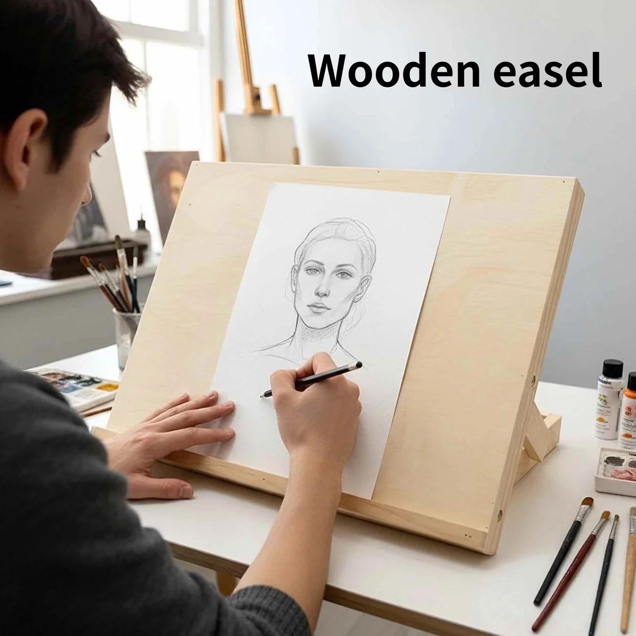 1PC Portable Wooden Easel, Foldable Desktop Sketching Stand with Tilting Board, Durable Wood Fiber Material for Drawing Supplies