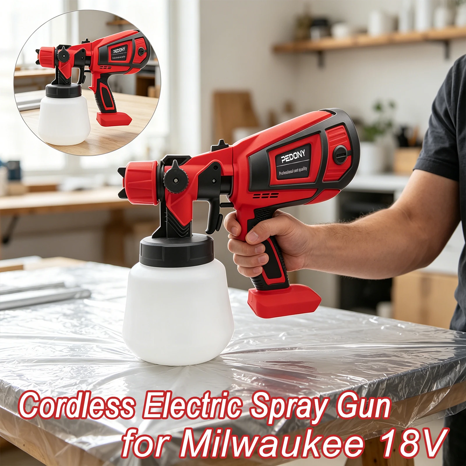 Cordless Paint Sprayer, Compatible with Milwaukee 18V Battery, HVLP Spray Gun with 3 Copper Nozzles, 600W Paint Gun for Painting Homes/Indoor and Outdoors (Tools Only)