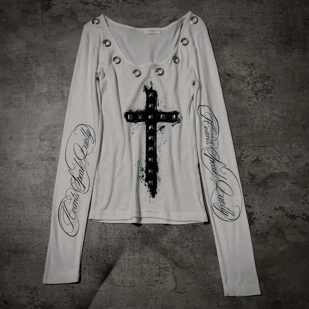 Gothic Dark Retro Style Metal Decorative Cross Print Pattern Large Round Neck Off-the-Shoulder Long Sleeve Women's T-Shirt 2026