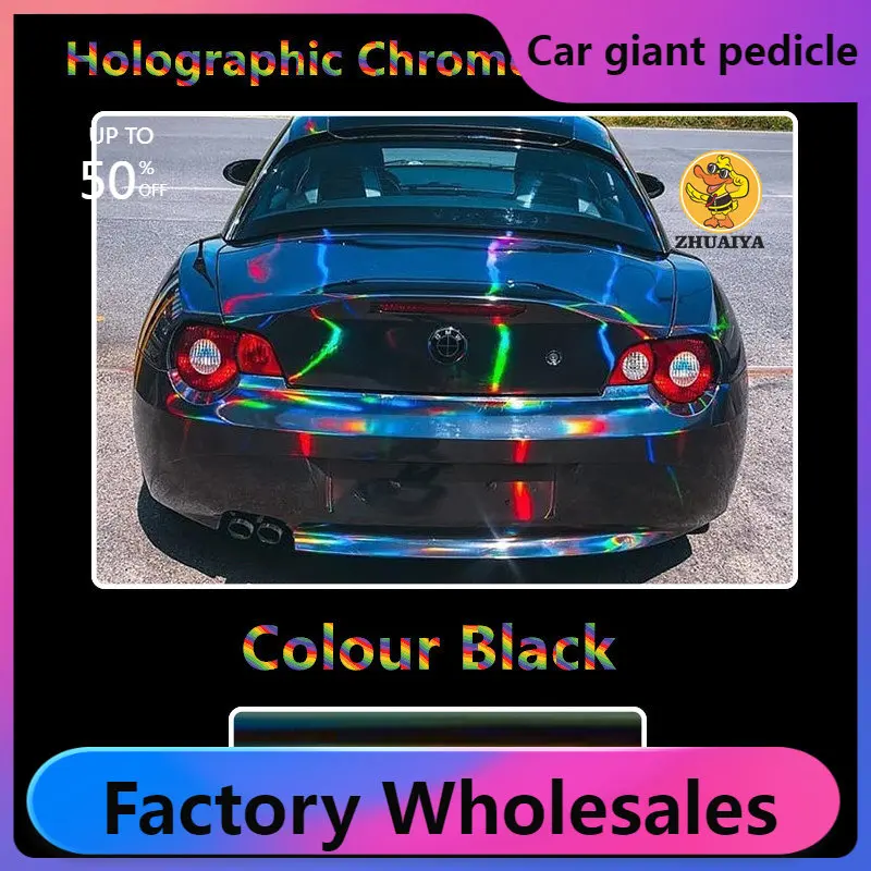 

1.52X18M Stretchable Black Holographic Chrome vinyl Wrap Self-Adhesive Film Decal Air-Release Bubble Free DIY Car Wrapping Roll