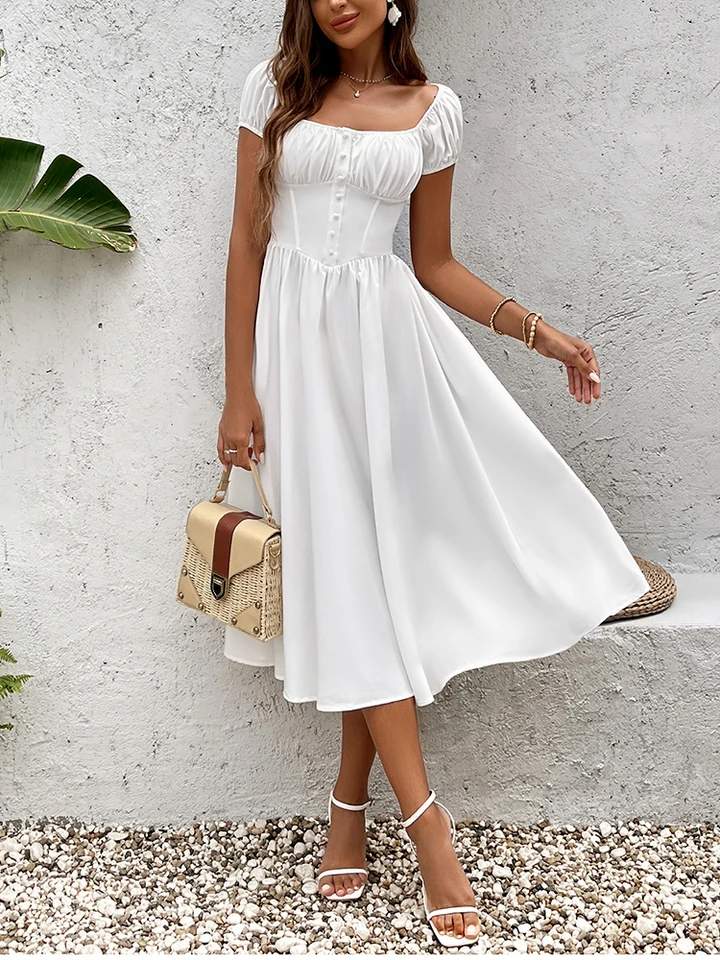 knee length dresses for ladies Madison White Puff-Sleeve Corset Midi Skater-Dress