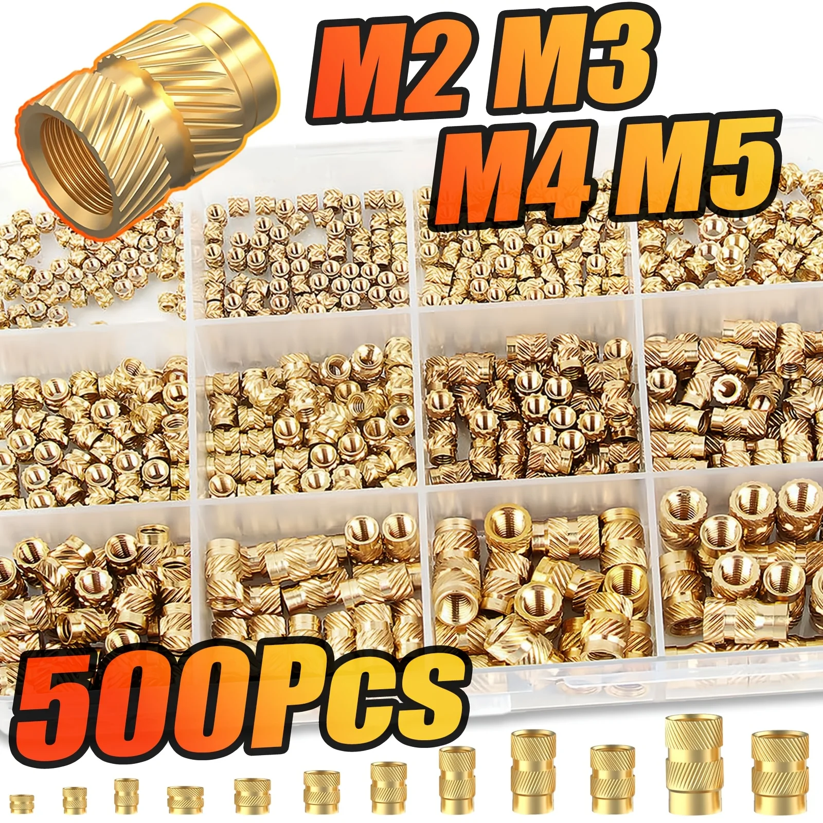 500PCS Heat‑Set Threaded Inserts Kit, M2 M3 M4 M5 Brass Knurled Nuts for 3D Printing & Plastic Materials (PLA/ABS/PETG/PP/PPS)