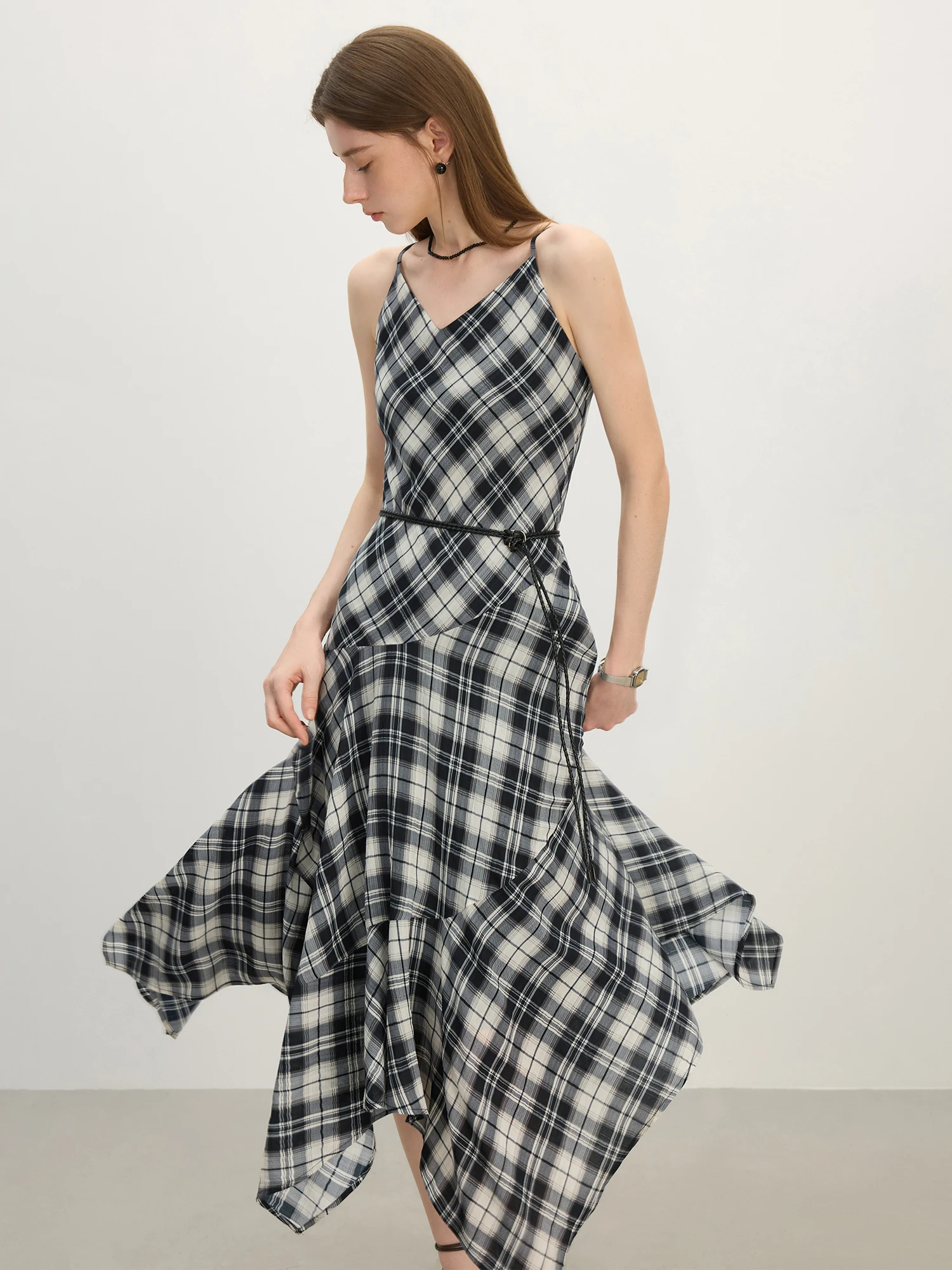 FSLE 2025 Summer Women's Checkered V-Neck Sundress - Asymmetrical Hemline & Free-Flowing Silhouette