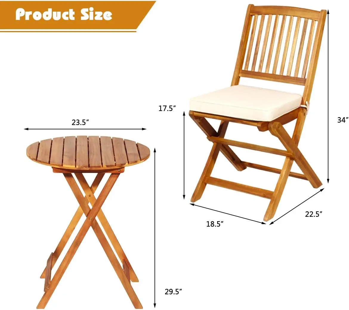 3Pcs Patio Bistro Set,Wood Folding Table Set, 2 Cushioned Chairs for Garden Yard,Outdoor Furniture Round Table (Natural & Beige)