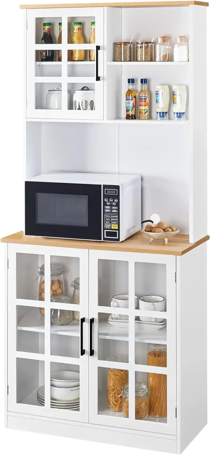 Kitchen Pantry Storage Cabinet with Hutch, 72'' Freestanding Buffet Cupboard with Countertop & Glass Doors & Adjustable Shelves