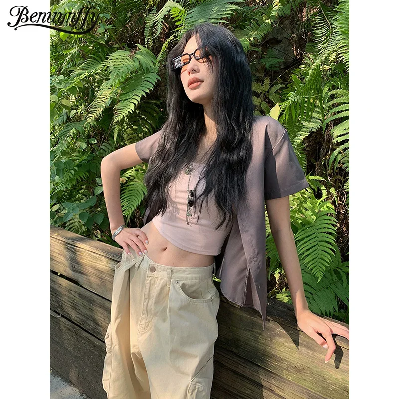 

Женские однотонные рубашки Benuynffy с коротким рукавом, летние новинки 2026, шикарные повседневные блузки с отложным воротником на пуговицах, уличная одежда