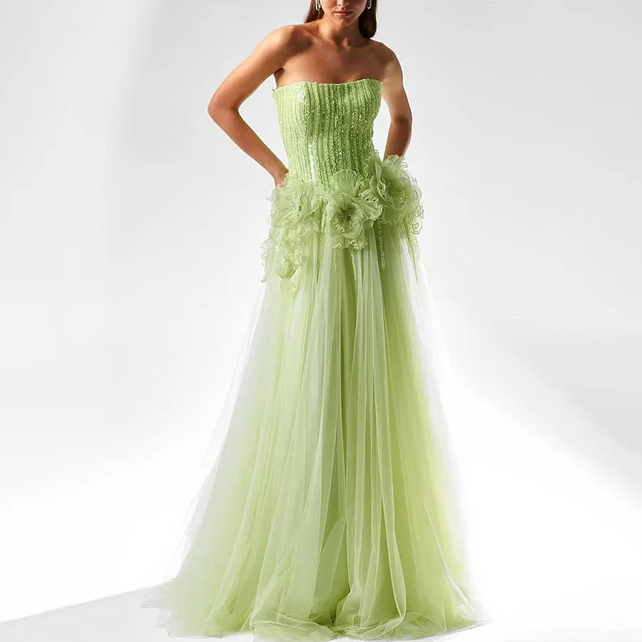 

Elegant Tulle Green Evening Dress Sequins Beaded 3D Flowers A-line Prom Gown Sleeveless Vestidos De Gala Custom