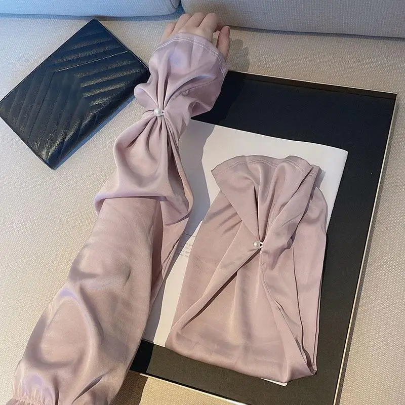 

Satin Silk Long Sleeve Pearl Buckle Sun Protection Arm Sleeves Breathable Sunscreen Arm Protectors Women Cycling Driving Sleeve