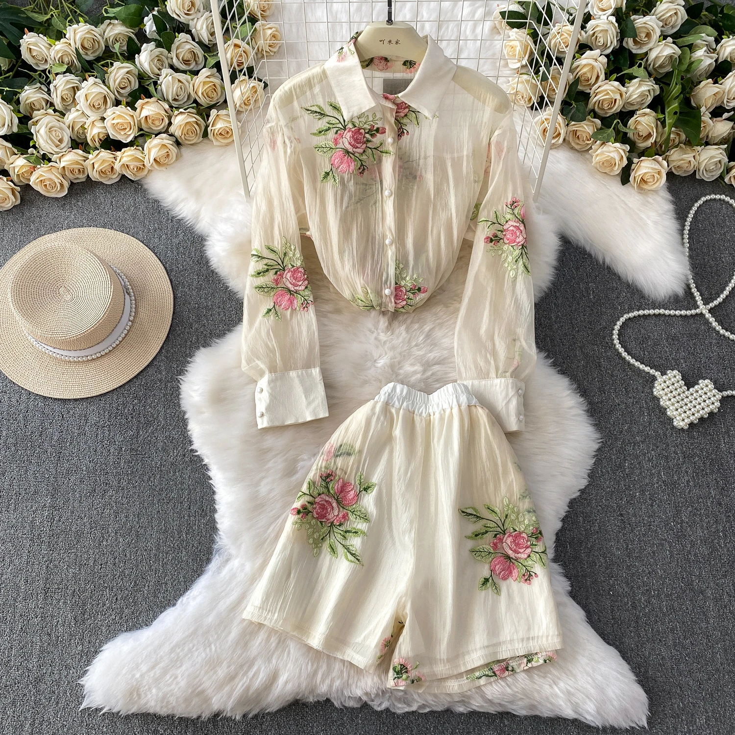Elegant Women Summer Shorts Sets Embroidery Floral Print Lapel Collar Full Sleeve Sunscreen Shirt+Elastic Waist Wide Leg Shorts