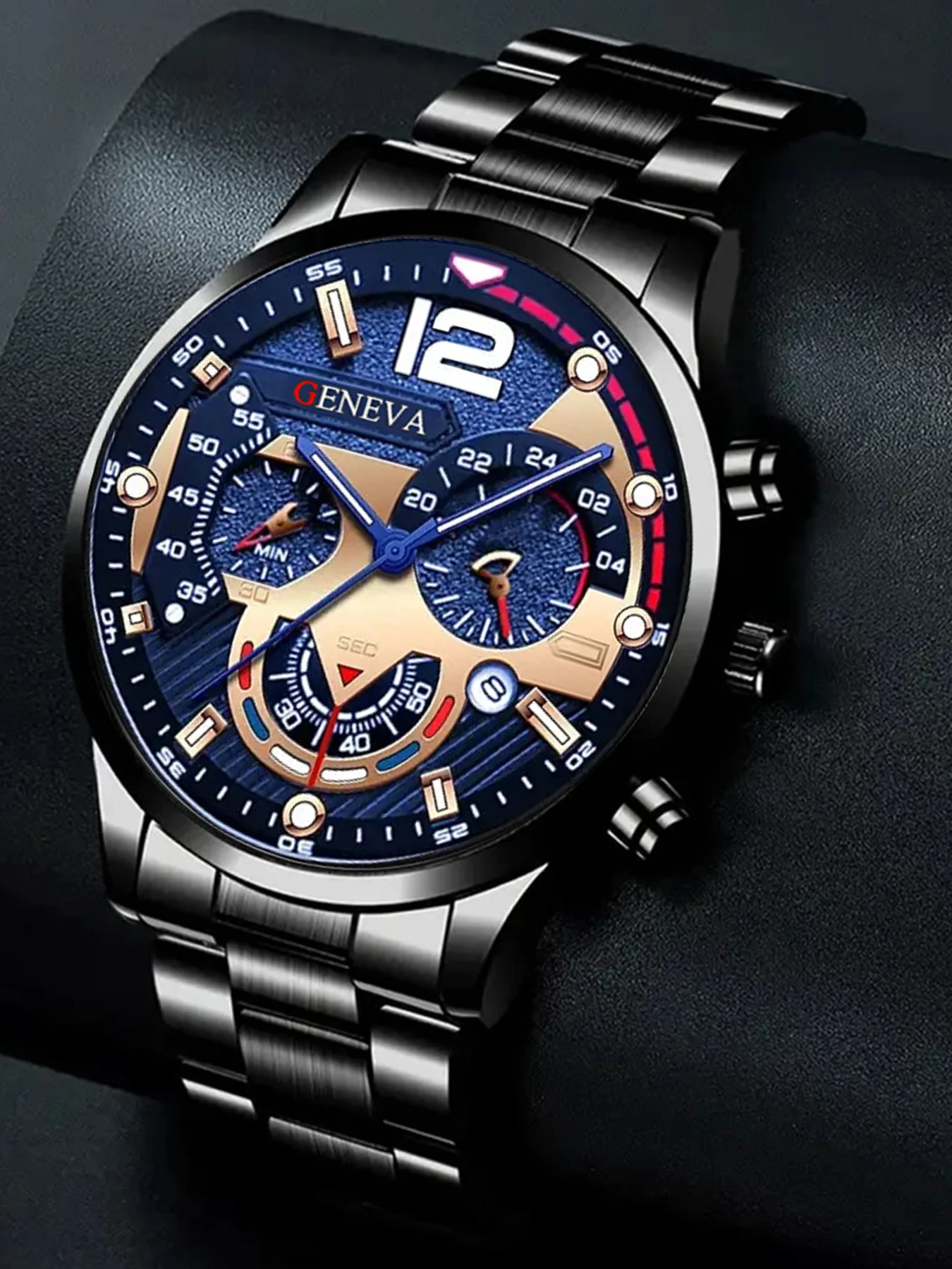 3pcs Business Wind Machine Design Black alloy steel band men's quartz watch band calendar with acrylic Lion Crown beaded set