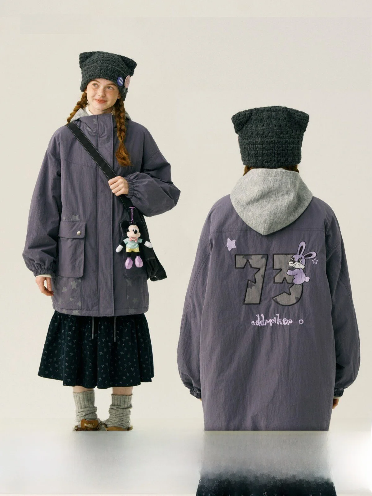 

Detachable Hat Star Mid-Length Thiened Cotton Jaet Women's Loose Fit Outerwear Casual Sli Design Winter Coat