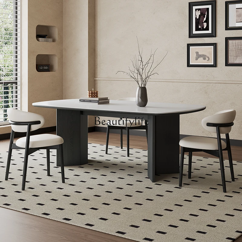 01French rectangular rock slab solid wood dining table and chair combination home modern simplicity