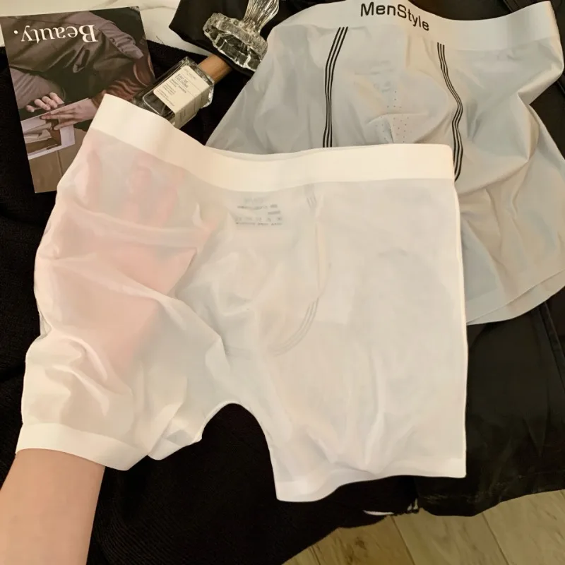 

Shiny Smooth Boxer Shorts Men Sexy Ultra Sheer Lengthen Underwear Glossy Ice Silk Single-Layer Underpants Male Seamless Long Leg