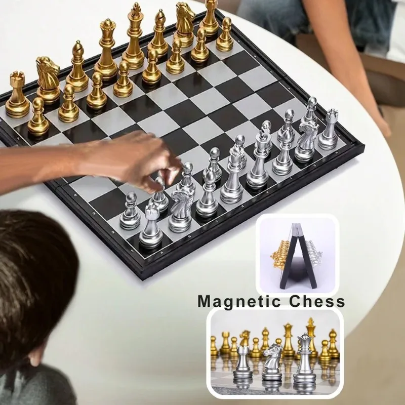 Juego de ajedrez plegable magnético, juego de mesa de viaje portátil dorado y plateado, diversión educativa para principiantes para niños y adultos
