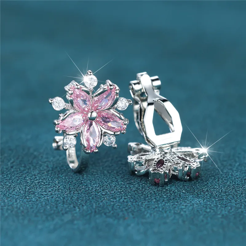 Pendientes elegantes de cristal rosa con Clip de Sakura, pendientes de flores bonitos de circón blanco para mujer, regalos de joyería de boda de Color plateado Vintage